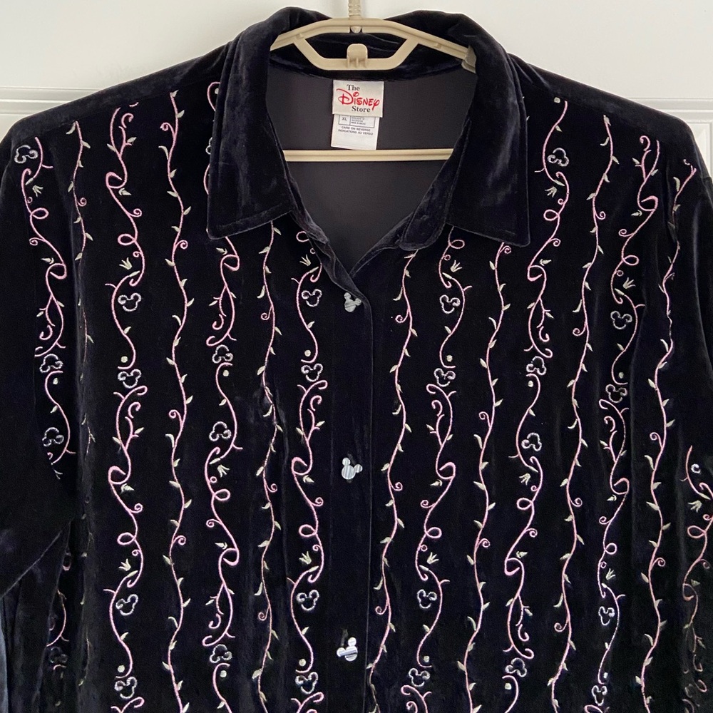 Vintage Disney Velvet Shirt Shacket Mickey Mouse Button Up Floral Embroidery XL